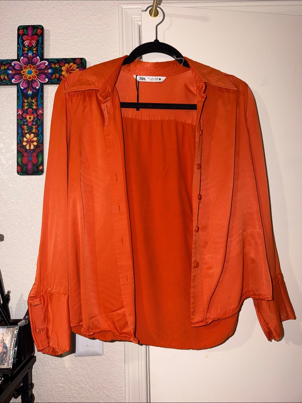 Zara Vibrant Orange Satin Button-Down Shirt